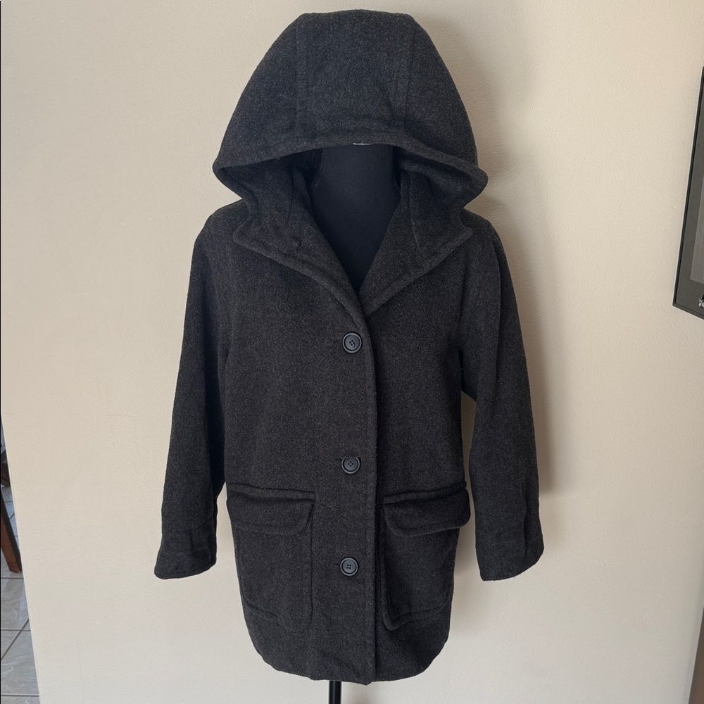 Eddie Bauer Women's Wool Dark Gray Hooded Pea Coat Petite XS Coat